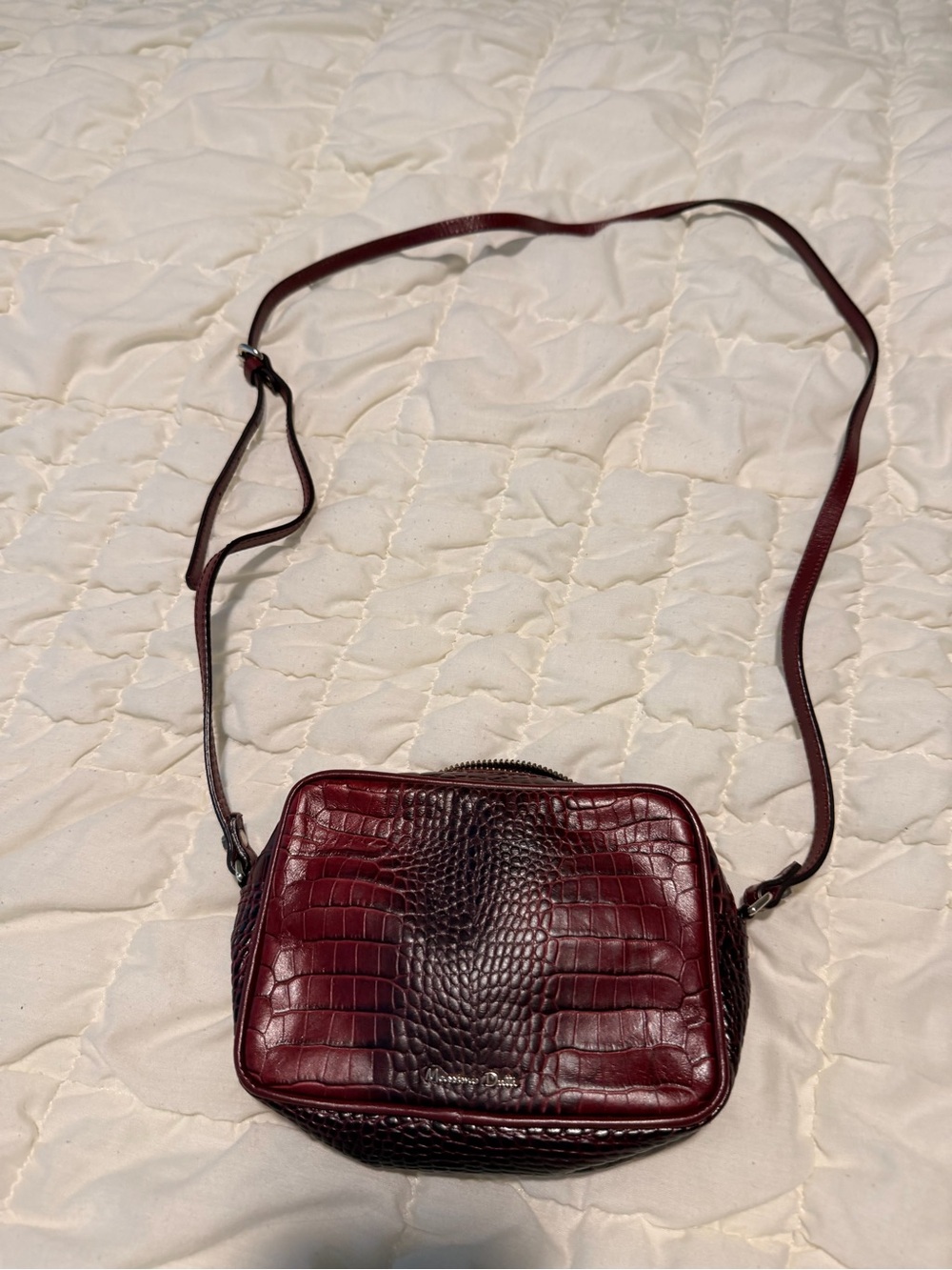 Massimo Dutti Croc-Embossed Mini Crossbody Bag - Burgundy
